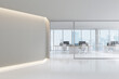 © onzon - Front of minimal style white office 3d render there are white floor, glass clear parttion wall white ceiling with hidden warm lighting, with large windows overlooking the city
