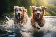 Two Dogs Joyfully Splashing Through A River. Generative AI 