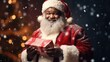 © EarthWalker - Smiling African American Santa Claus holding a Christmas gift with lights and snow at the background. AI Generated