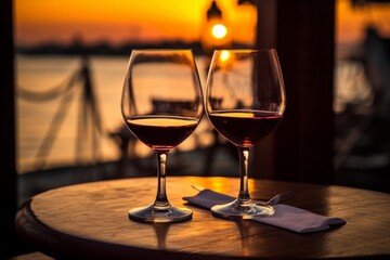 two glasses of red wine on a wooden table in a cozy restaurant setting. Generative AI 