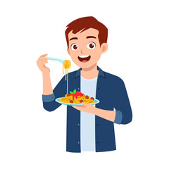 Wall Mural - young adult eating spaghetti and feel happy