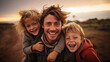 © CoolGraphics - Dad giving two young children piggyback rides smiling