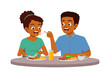 young couple man and woman eat meat steak together