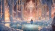 edge frozen lake lies entrance Crystalized Labyrinth, walls crystal glinting moonlight reflecting still waters below. 2d animation