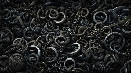 Closeup of dark metal chain links, abstract background