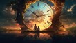 Concept of time passing. Apocalyptical image of two people looking at the clock. Ai generated