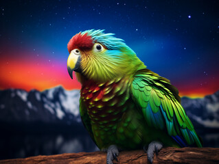 Wall Mural - A Photo of a Parrot at Night Under the Aurora Borealis