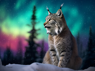 Wall Mural - A Photo of a Bobcat at Night Under the Aurora Borealis