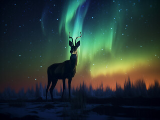 Sticker - A Photo of an Antelope at Night Under the Aurora Borealis