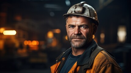 Aufkleber - Portrait of labor worker on the isolated industrial background. Generative AI.