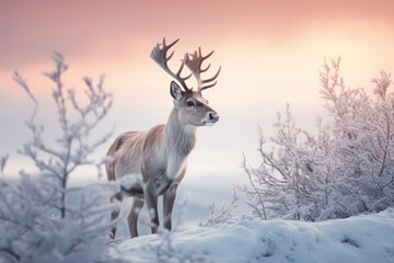 a reindeer in frosty forest