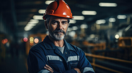 Aufkleber - Portrait of Industry maintenance engineer man wearing uniform and safety hard hat on factory station, Industry, Engineer, Construction concept. Generative AI.