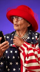 Wall Mural - Vertical video of toothless funny old elderly woman with glasses and US flag jacket having video chat on phone smiling and waving isolated on purple background. Concept of crazy senior youthful woman.