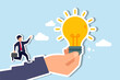 © B Design - Inspiration idea to inspire or motivate people to success, business innovation or creativity, solution or invention concept, businessman step on stair of big hand holding inspiring bright lightbulb.