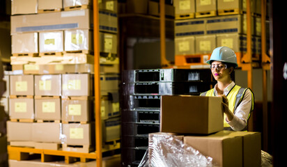 Wall Mural - Hispanic woman wearing work clothes working in a distribution warehouse