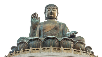 Tian Tan Buddha Statue Po Lin Monastery, Ngong Ping Village, Big buddha, religion sacred landmark of tourist and buddhists tourism. Isolated on white background with clipping path and transparent.