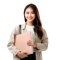 Wall Mural - Asian young female university student holding books posing on white transparent background