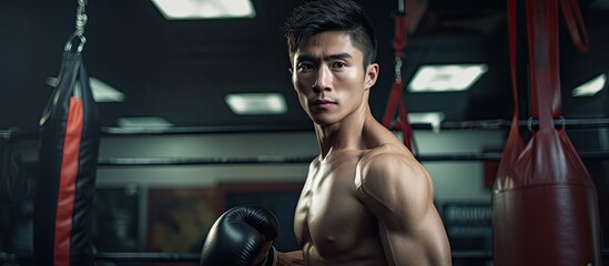 Sticker - Muay Thai athlete practicing with the punching bag at the gym.