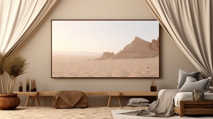 3D Mockup poster empty Blank Frame, hanging on a desert oasis wall, above a Bedouin traveler's tent-themed display room