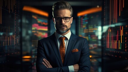 Poster - Businessman in suit with data charts graphs in background, Investment goals. Generative AI.
