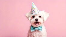 Cute Maltese Dog Wearing Party Hat On Pink Background With Copy Space, Dog Birthday Party Concept. Ai Generated
