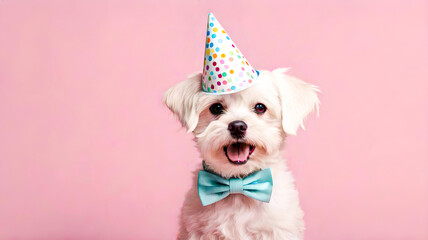 Cute maltese dog wearing party hat on pink background with copy space, Dog birthday party concept. Ai generated