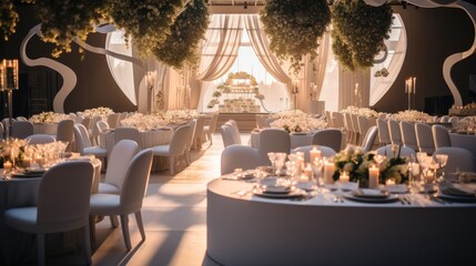 Beautiful corporate event with corporate decor and exquisite details, Round tables and chairs with stage setup. Generative AI.