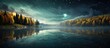 Mystical autumn landscape with clear water reflections, trees, and a starry sky above a forest lake.