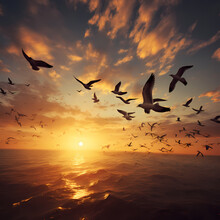Flocks Of Migratory Birds Flying In A V Formation Against A Sunset