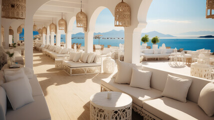 Wall Mural - the inside of a beautiful beach club with tables and sun bed. generative ai.