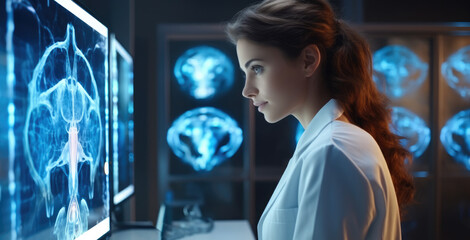 Aufkleber - Doctor works with Heart hologram, Heart disease, Health care of the future, Modern Medical Science, Hi Tech Diagnostic Panel. Generative AI.