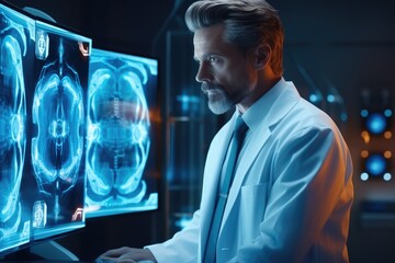 Aufkleber - Doctor works with Heart hologram, Heart disease, Health care of the future, Modern Medical Science, Hi Tech Diagnostic Panel. Generative AI.