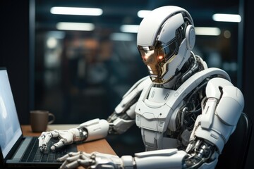 Leinwandbilder - Human Robot sitting at a desk in an office working as a graphic designer. Generative AI.