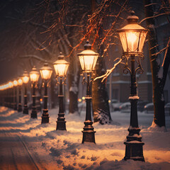 Wall Mural - Vintage street lamps casting a warm glow on a snowy street