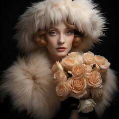 Wall Mural - portrait of a fair woman with shirt ginger hair glamour makeup in fur coat and hat fashion style holding peach roses