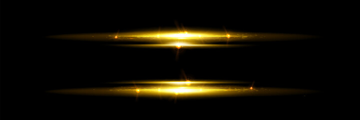 Wall Mural - horizontal golden light stripe with fade effect. realistic vector illustration set of glow gold flar