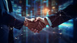 Businessmen handshake global stock market graph bar chart globe network connection links diagram background. Digital innovative technology internet communication agreement partnership. Generative Ai.