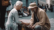 Elderly woman walking in copenhagen street giving donation to old homeless beggar man sitting with head down.