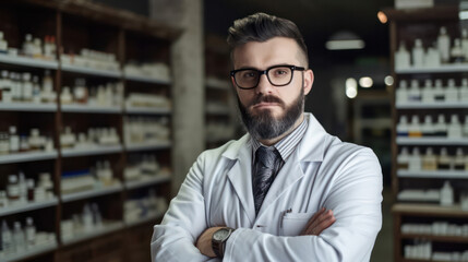 Wall Mural - Professional man Confident Pharmacist Wearing Lab Coat and Glasses in a pharmacy store.