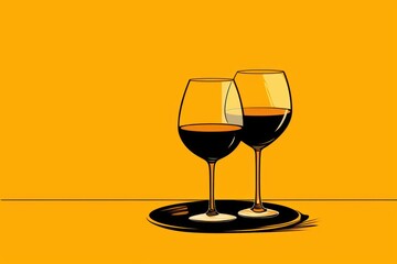  a couple of glasses of wine sitting on top of a black plate in front of a yellow wall with a yellow background.