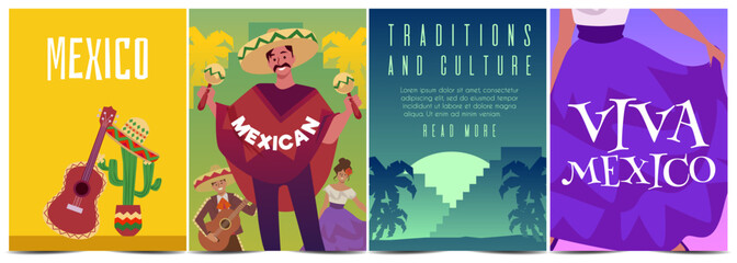 Set of posters or vertical banners about Mexican culture and traditions flat style