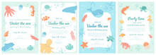 Set Of Under The Sea Birthday Invitations Templates. Kids Party Banner Design With Border Of Cute Ocean Animals, Fish, Dolphin, Shrimp, Octopus. Cartoon Characters Frame. Vector Illustration.