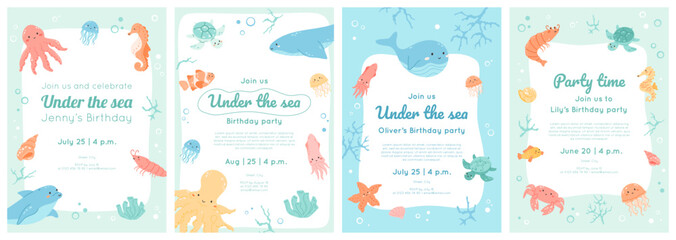 set of under the sea birthday invitations templates. kids party banner design with border of cute oc