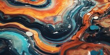 A Close Up Of An Abstract Painting With Blue, Orange, And Black Swirls And Dots In The Center Of The Image.