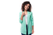 young authentic curly brunette assistant woman dressed in a blue jacket on a white background