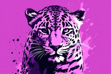Wall Mural -  a close up of a leopard on a pink and purple background with a black and white cat on the right side of the frame.