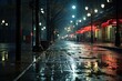  a city street at night with rain on the ground and street lamps on the side of the street and buildings on the other side of the street.