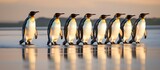 Group of emperor penguins stride towards the ocean on a sandy shore.