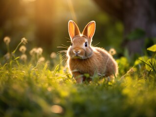 A rabbit on grass with the sun shining behind it. Generative AI.