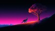 Kangaroo Neon light animal hill next tree AI Generated pictures